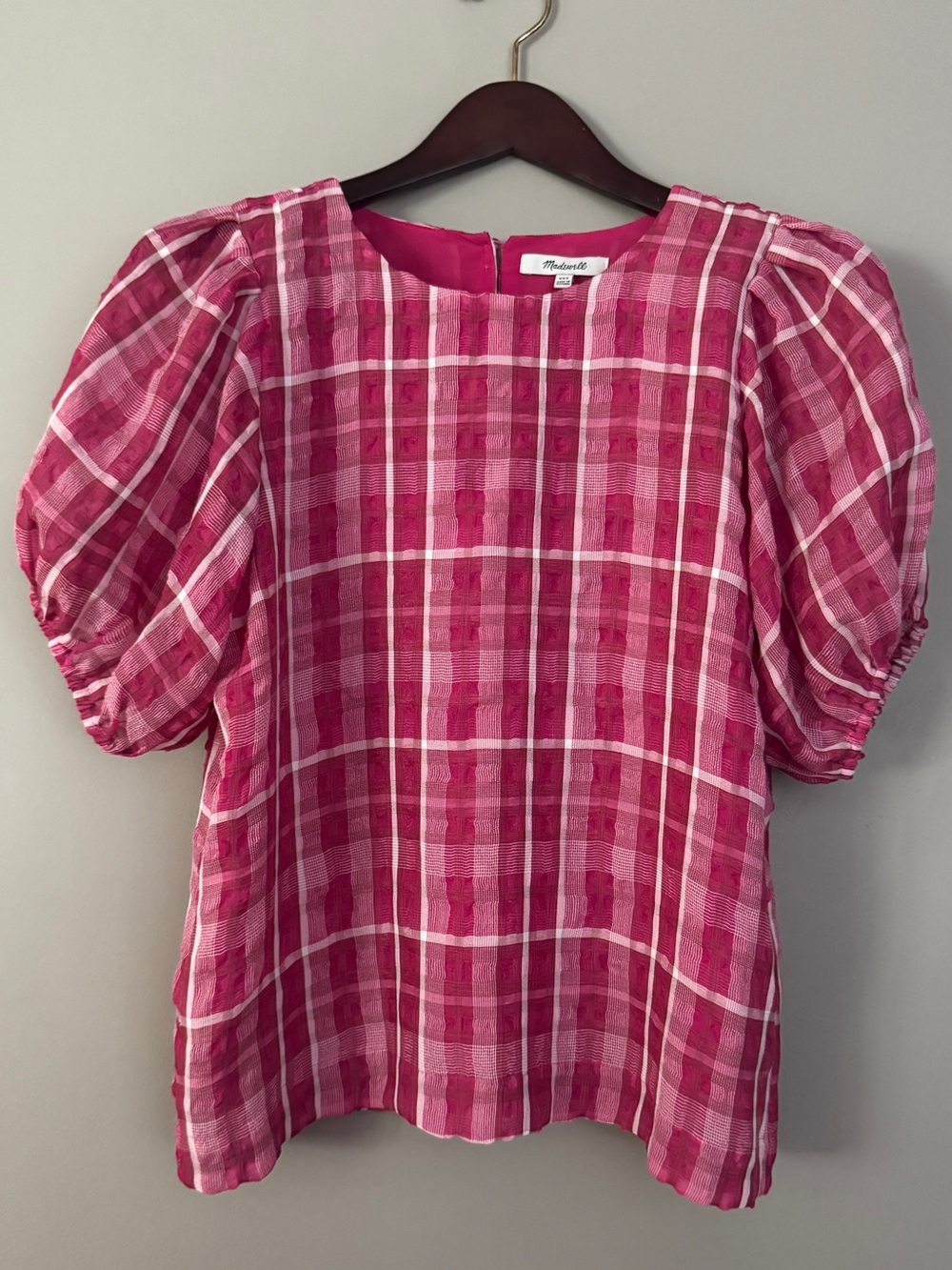 NWT Madewell Pink Plaid Puff-Sleeve Top XXS